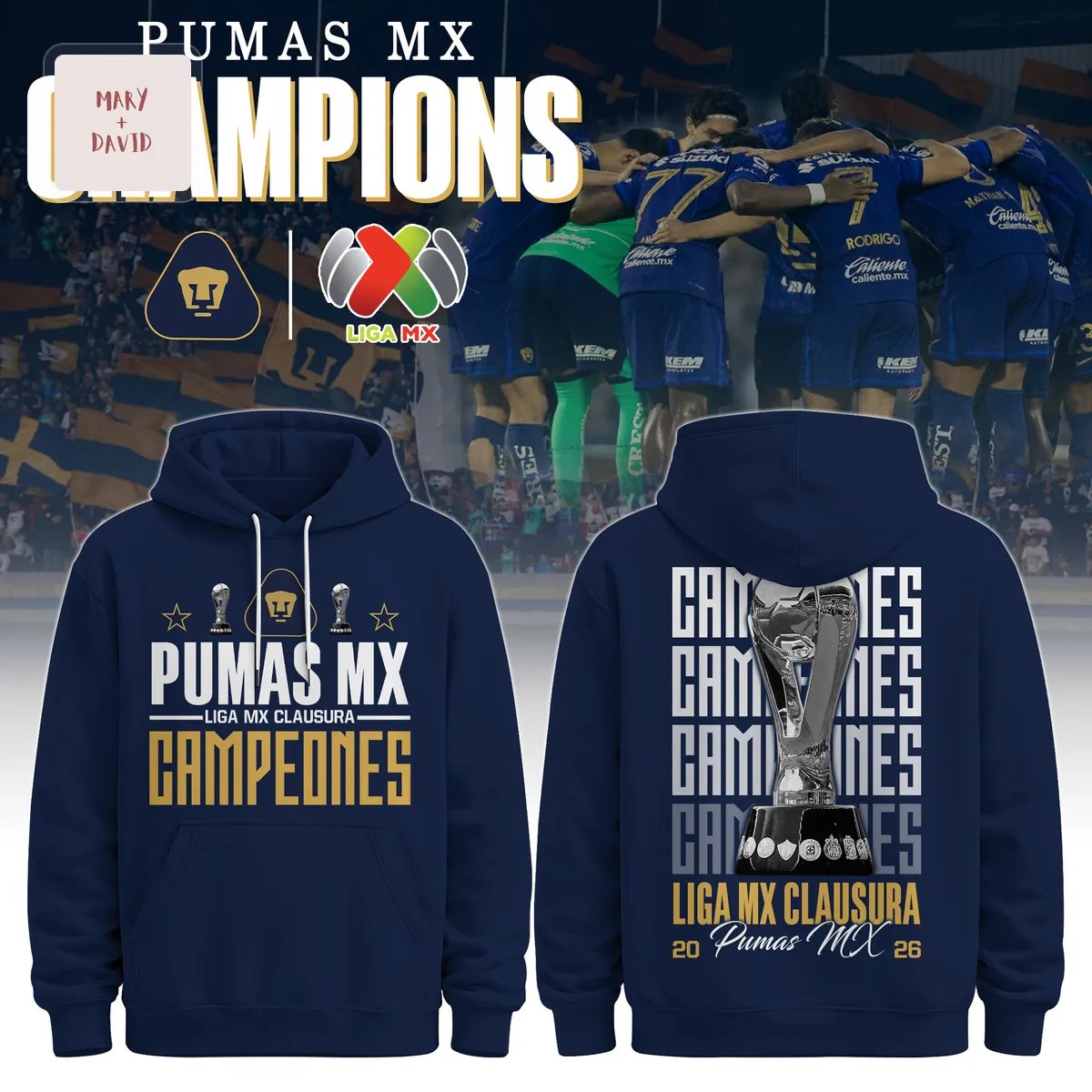 UNAM Pumas Liga MX Clausura 2026 Champions Commemorative Navy Blue Pullover Hoodie