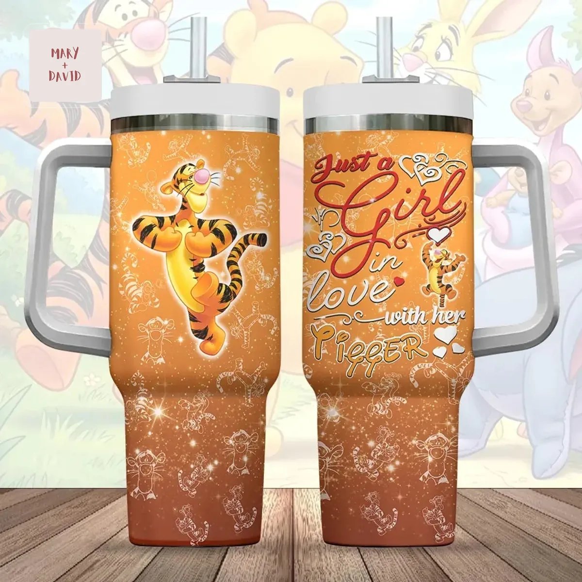 Winnie the Pooh Tigger Just a Girl in Love Orange Glitter Insulated Stainless Steel 40oz Tumbler